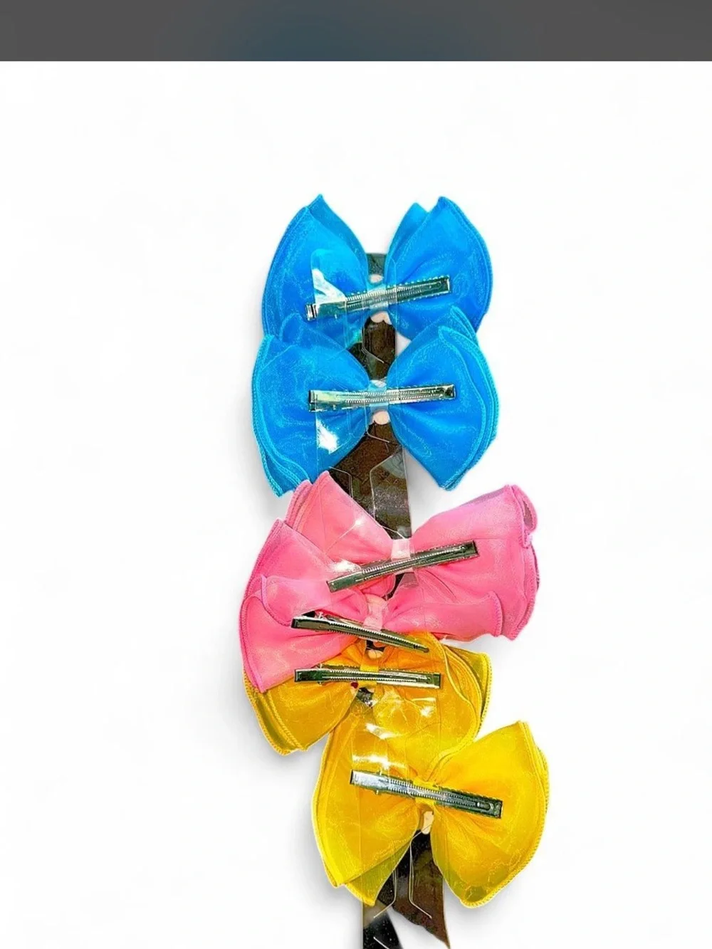 Kids Rainbow Pom-Pom Bow Hair Clips - Blue, Pink & Yellow